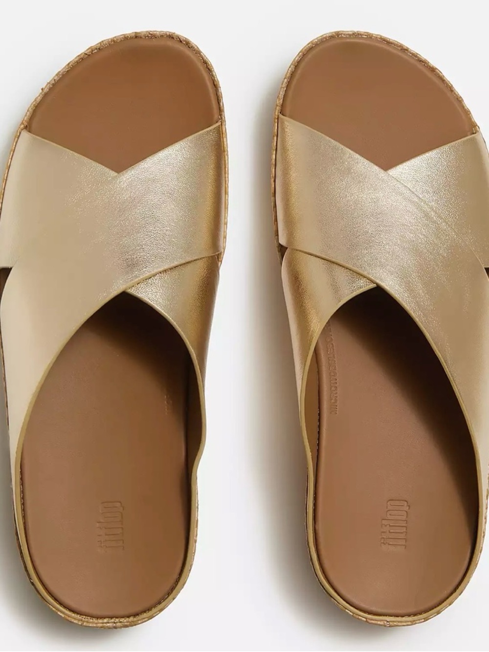 *NEW* Fit Flop/F-MODE/Metallic GOLD  Leather/Cork Flatform Cross Slides 8
